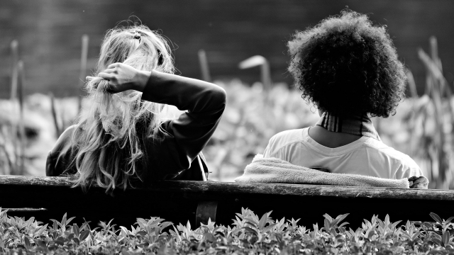 women_talking_park_bench